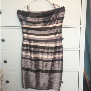 Brown, chrome, and tan party dress